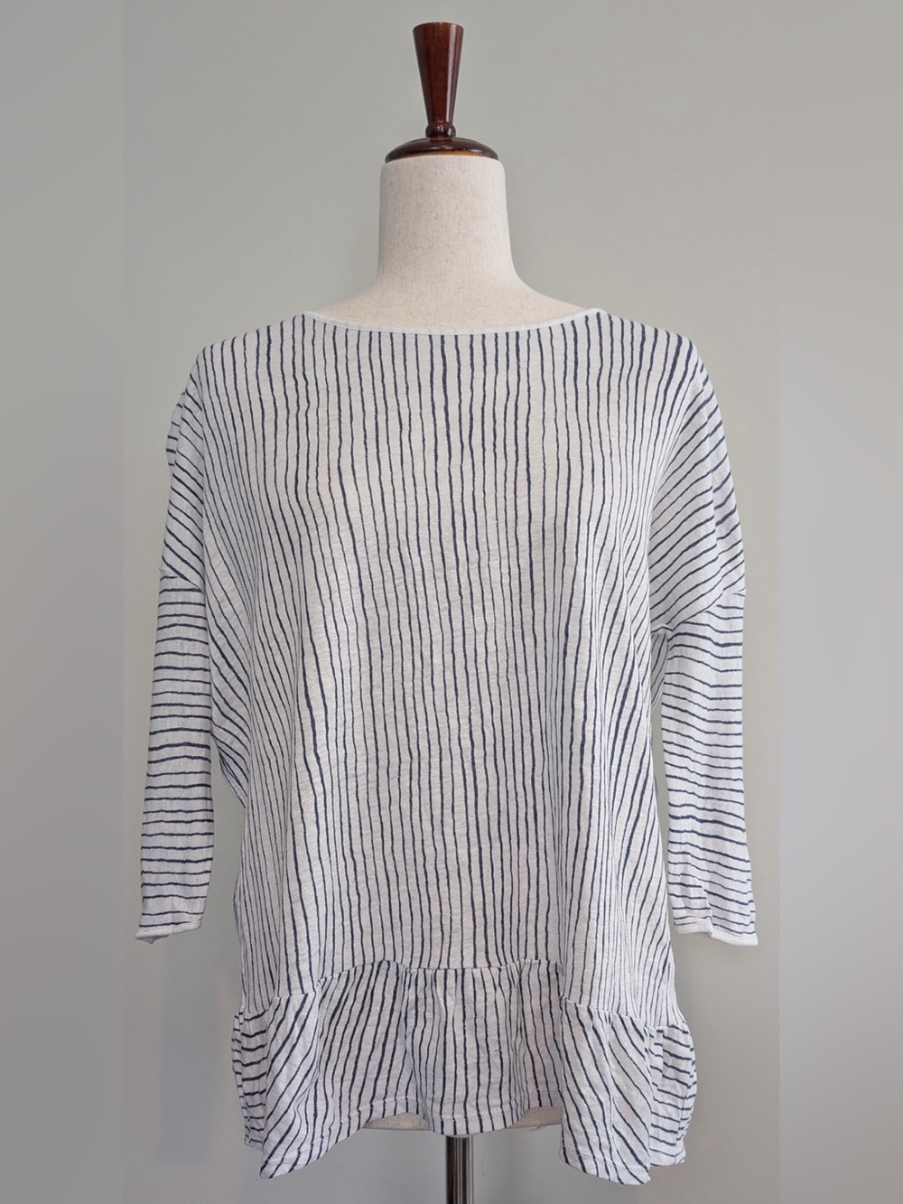 Poetry Women’s Striped Linen 3/4 Sleeve Boatneck Ruffle Hem Tunic Size 4